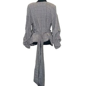 Settledown Houndstooth Plaid Long Sleeve Wrap Blouse Black White Large